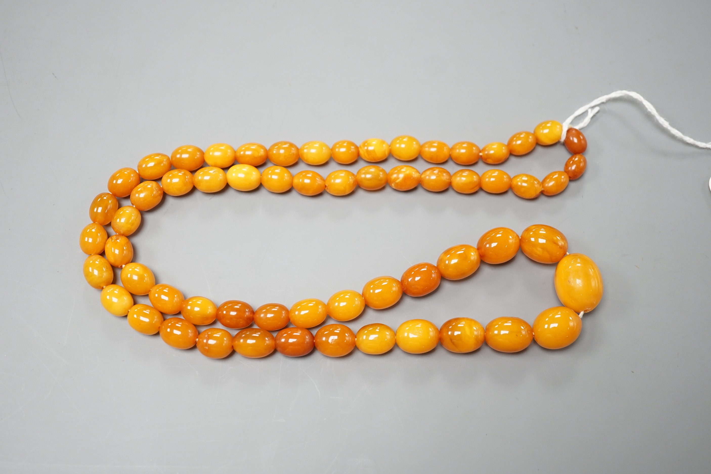 A single strand graduated oval amber bead necklace, 72cm gross weight 42 grams.